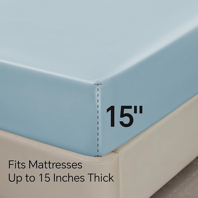 BEDELITE California King Sheets Set, Luxury Soft Light Blue Satin Sheets for Hair and Skin, Similar to Silk Bed Sheets Set 4 Pieces with 1 Deep Pocket Fitted Sheet, 1 Flat Sheet, and 2 Pillowcases