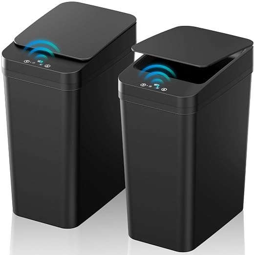 Bathroom Trash Can with Lid, KOEYLE 2 Pack 2.2 Gallon Automatic Touchless Garbage Can, Small Motion Sensor Smart Trash Can, Slim Waterproof Trash Bin for Bedroom, Bathroom, Office, Living Room (Black) by KOEYLE
