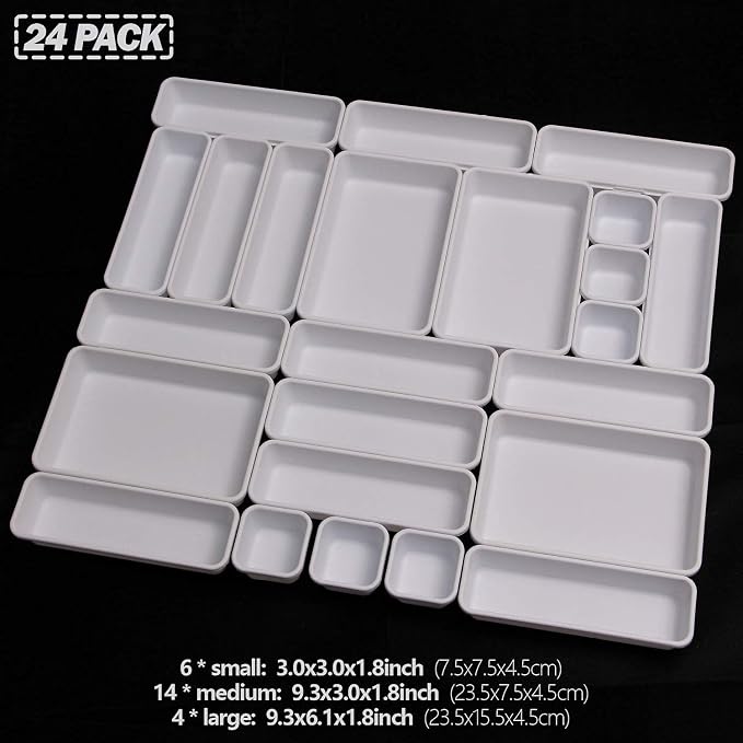 Set of 24 Interlocking Desk Drawer Organizer Tray Dividers Plastic Shallow Narrow Drawers Organizers Separators Storage Bins Container for Kitchen Bathroom Makeup Office Vanity Bedroom Dresser White - Image 3