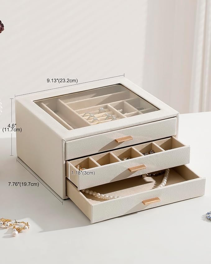 Jewelry Box with Glass Lid,3-Layer Jewelry Boxes for Women,PU Leather Jewelry Organizer with 20-Grid Earring Drawer & Movable Dividers for Necklaces Rings - Cloud White - Image 2