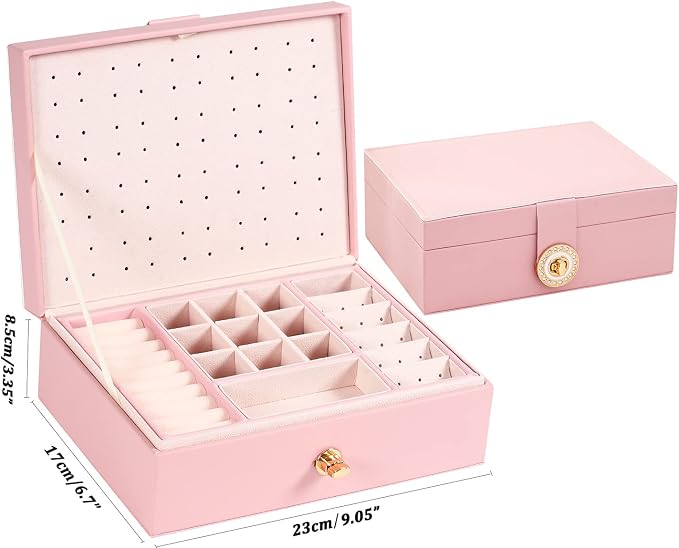Earrings Jewelry Box for Girls, Large Capacity Jewelry Organizer with 40-Pair Earring Board, 2-Layer Leather Jewelry Storage Box for Necklaces Rings Bracelets with Removable Tray(Gift Idea),Pink - Image 6