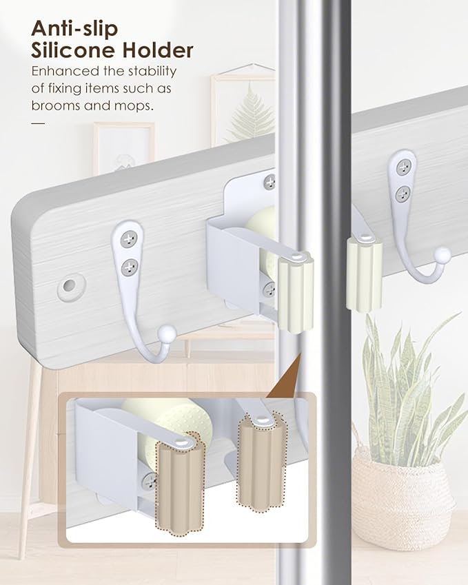 AceMining Broom Holder Wall Mounted, White 4 Holders and 4 Hooks Mop Holder, Wooden Mop and Broom Holder with Anti slip rubber, Natural pine wood Brush Holder, Mop Wall Holde with Nail installation - Image 3