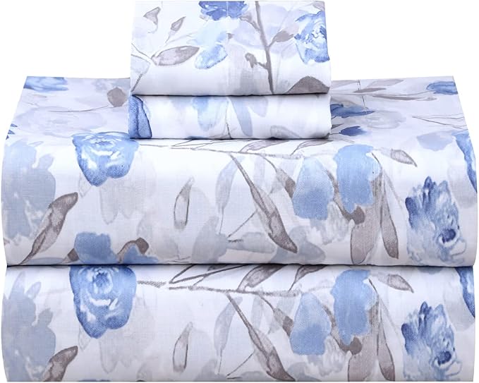 RUVANTI 100% Cotton Sheets – King Size Percale Bedding, Cooling & Breathable Floral Design, Durable with a Crisp, Soft & Comfortable Feel, 16" Deep Pocket, 4-Piece Set, Monotones