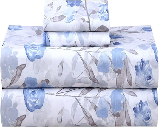 RUVANTI 100% Cotton Sheets – King Size Percale Bedding, Cooling & Breathable Floral Design, Durable with a Crisp, Soft & Comfortable Feel, 16" Deep Pocket, 4-Piece Set, Monotones