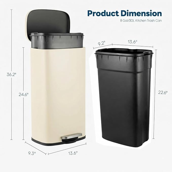8 Gal Kitchen Trash Can, 30L Recycling or Garbage Bin, Brushed Stainless Steel Waste Basket, Soft&Quiet Close Dustbin, with Step-On Pedal, Removable Inner Bucket, for Home, Office, Living Room - Image 2