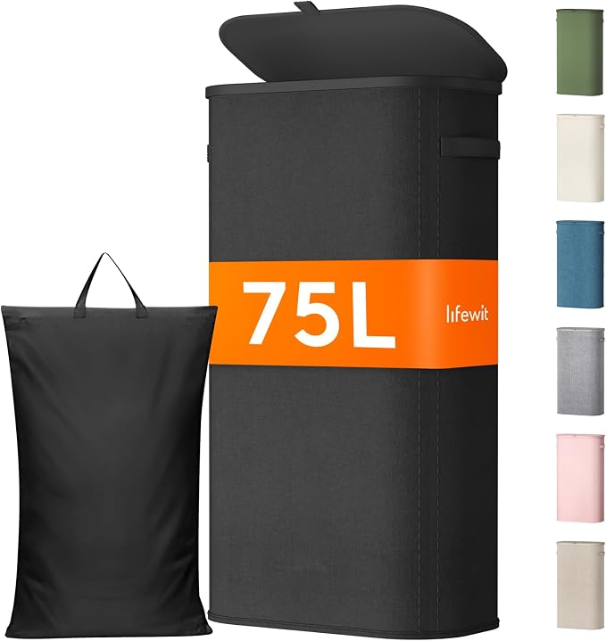 Lifewit Slim Laundry Basket with Lid, Narrow Large Laundry Hamper with Plastic Handles and Removable Bag, Tall Foldable Dirty Clothes Hampers for Laundry Room, Bedroom, Bathroom, Dorm, 75L Black by Lifewit