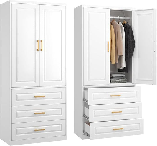 SteeLoong 71" Metal Armoire Wardrobe Closet with 3 Drawer，Tall Clothing Storage Cabinet with Adjustable Shelves and Hanging Rod,White Wardrobe Closet for Bedroom,Home,Office,Gym