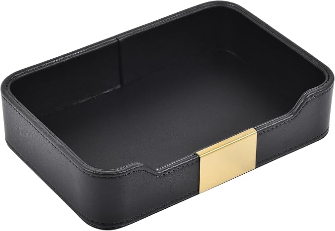 Luxury Leather Valet Tray Desktop Storage Organizer,Bedside Vanity Catchall Tray Nightstand Caddy Holder for Cosmetic,Jewelry,Watch,Keys,Phone,Wallet,Remote Controller,Pen,Black by RHCSZ