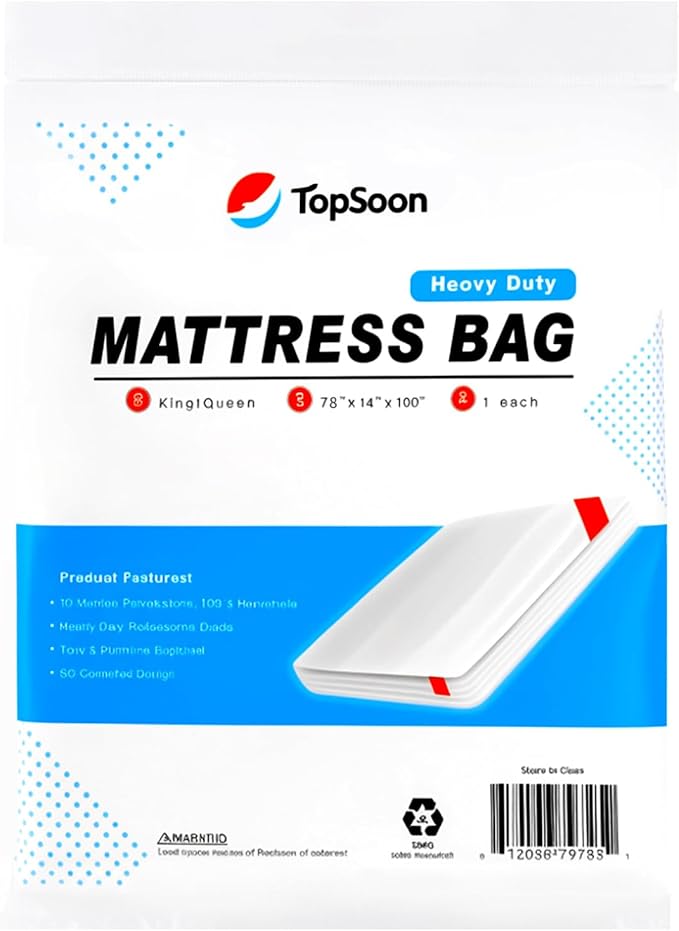 TopSoon Mattress Bag – Clear Plastic Mattress Disposal Bag – Moving & Storage Cover for Mattress or Box Spring – Heavy-Duty Mattress Moving Supplies (4mil, King/Queen 78" x 14" x 100")