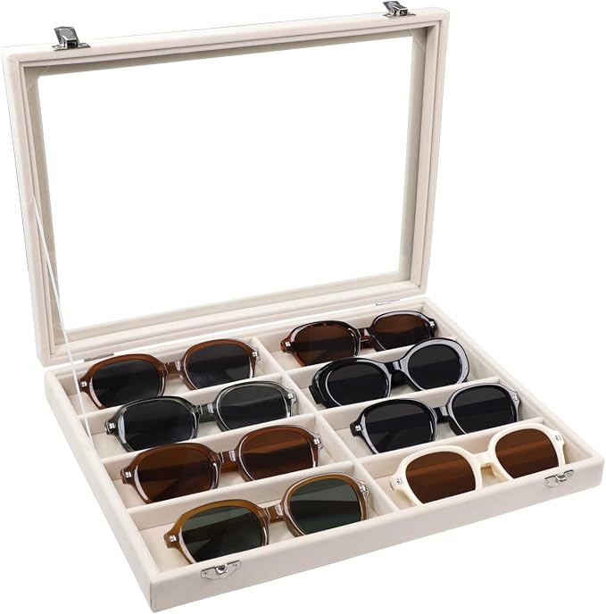 Stratalife Sunglasses Organizer Sunglass Display Tray Jewelry Tray with Lid Sunglasses Storage Case Drawer Watch Box for Men and Women Beige (8 Grids) by Stratalife
