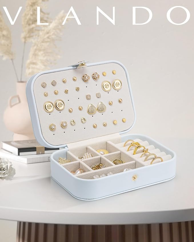 VLANDO Travel Jewelry Case, PU Leather Travel Jewelry Box with Earring Holder, Portable Display Mini Jewelry Case for Mothers Day Women Girls Gift - Blue - Image 2