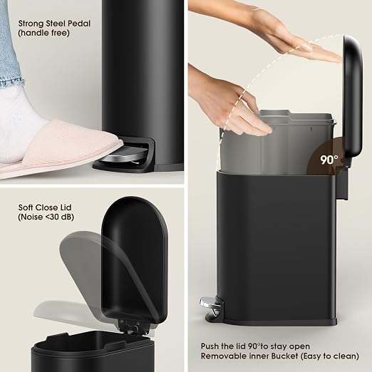 CEROELDA Small Bathroom Trash Can with Lid Soft Close, 5L/1.3 Gallon Stainless Steel Slim Garbage Can, Metal Waste Basket with Step Pedal, for Office, Bedroom, Toilet, Dorm Room (Black, 1.3 Gallon) - Image 4