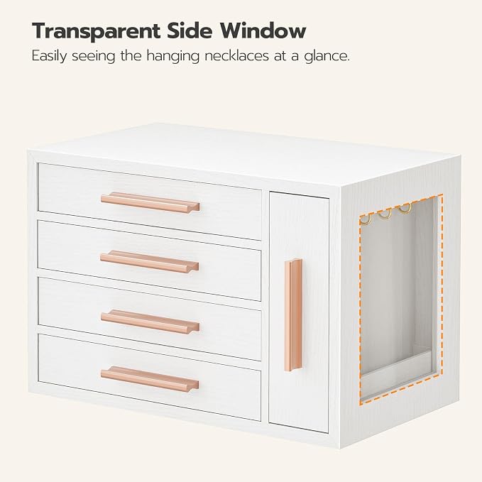HOOBRO Jewelry Box for Women, Wooden Jewelry Organizer with Transparent Window, 4-Layer Jewelry Organizer Box, Jewelry Holder Organizer for Earrings, Necklaces, Rings, White and Gold WD09JB04 - Image 7