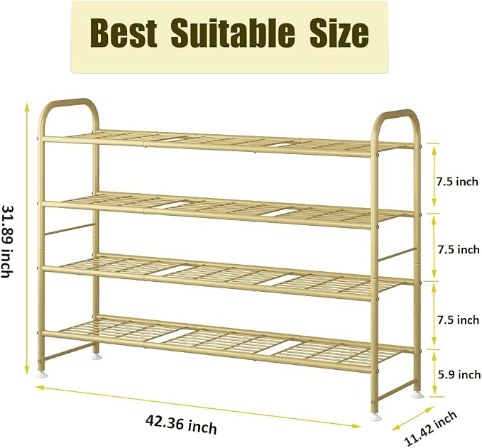 LINZINAR Shoe Rack 4 Tier Storage Organizer for Closet Entryway Metal Gold - Image 3