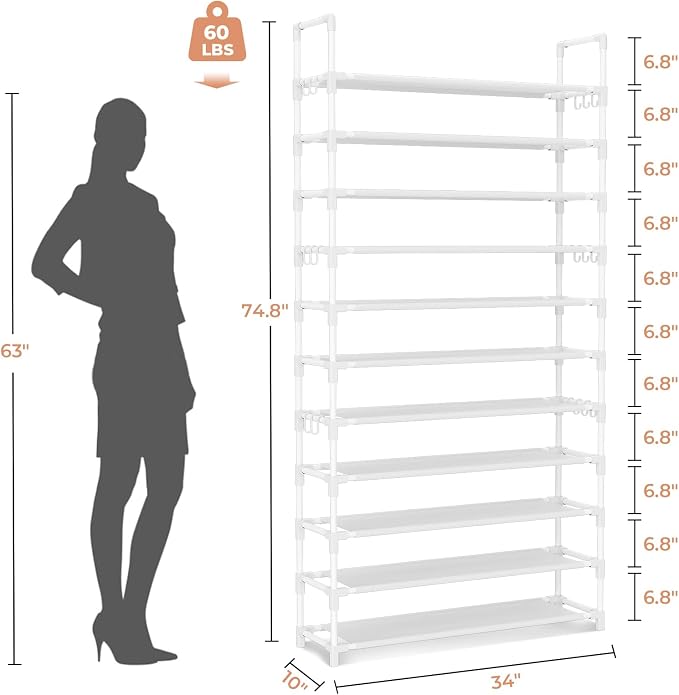 LANTEFUL 11 Tiers Tall Shoe Rack Holds 55 Pairs of Shoes with 18pcs Hooks Sturdy Wide Shoe Organizer Storage Free Standing Metal Shoe Shelf for Closet, Entryway White - Image 3