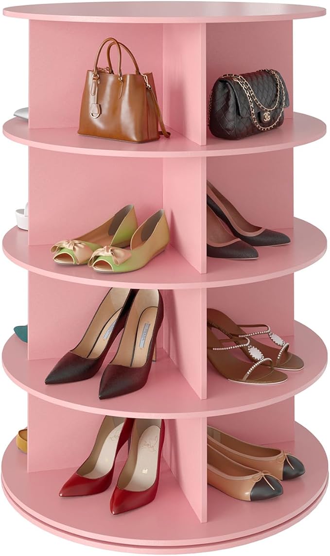 SpaceAid 4 Tier Rotating Shoe Rack Tower, Spinning Shoe Display Lazy Susan, Revolving 360 Shoe Rack Storage Round Carousel, Vertical Handbag Rotate Shoes Closet Organization (4-Tier Pink) by SpaceAid