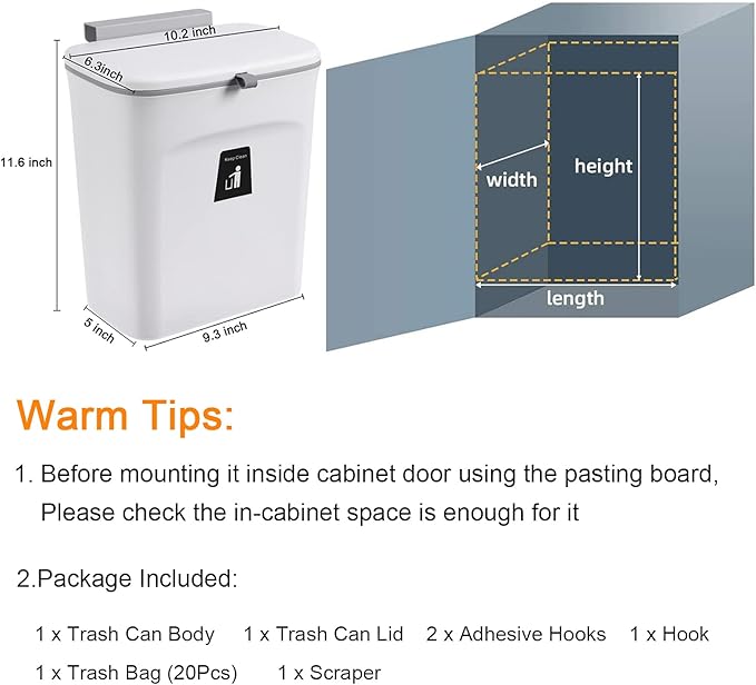 Tiyafuro 2.4 Gallon Kitchen Compost Bin for Counter Top or Under Sink, Hanging Small Trash Can with Lid for Cupboard/Bathroom/Bedroom/Office/Camping, Mountable Indoor Compost Bucket, White - Image 7