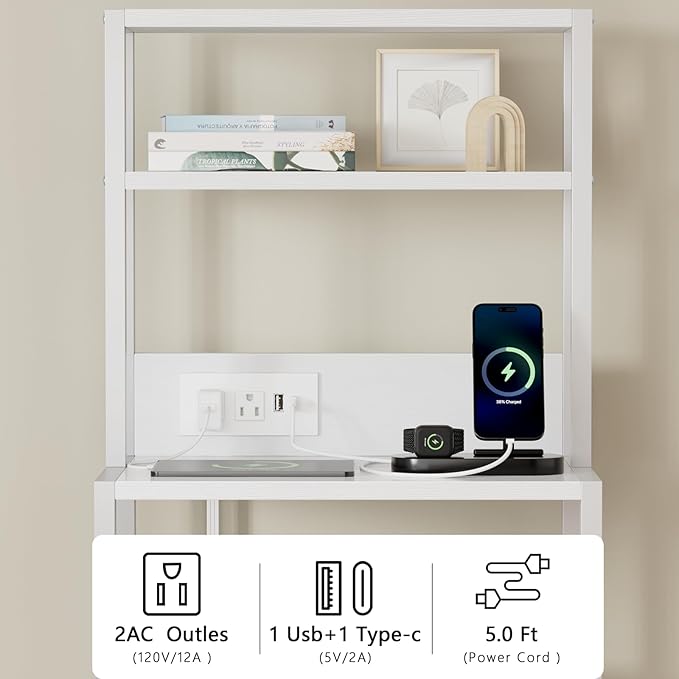 Furnulem Night Stand, White Bedside Nightstand with 4-Tier Shelves and 3 Fabric Drawers, LED Bed Side Tables with Charging Station, Tall Dresser for Bedroom, Hallway, Office