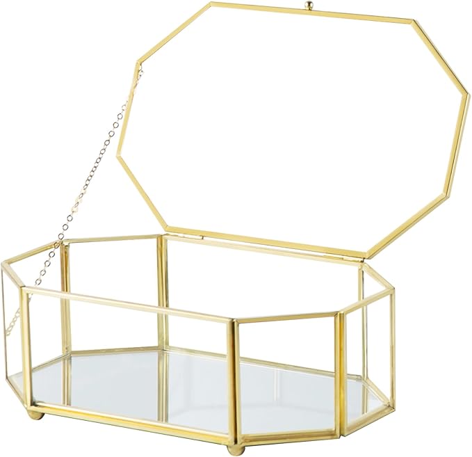 Glass Keepsake Organizer - Vintage Octagon Lidded Gold Home Decor Accent Box for Storage Rings, Bracelets by Kendiis