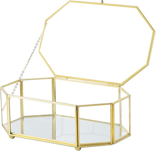 Glass Keepsake Organizer - Vintage Octagon Lidded Gold Home Decor Accent Box for Storage Rings, Bracelets by Kendiis