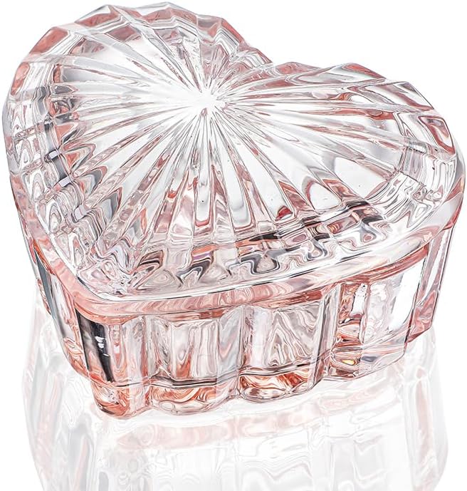 kanpura Glass Heart Shaped Jewelry Box Candy Dish with Lid Ring Earring Trinket Storage Box Vintage Jewelry Organizer Decorative Jar Christmas Gift for Women Girls(Pink) by Kanpura