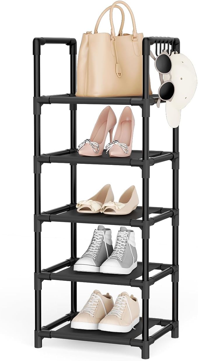 LANTEFUL Narrow Shoe Rack 5 Tier Shoe Shelf Storage for 5-10 Pairs Shoe and Boot, Sturdy Shoe Storage Space Saving Corner Shoe Rack Organizer for Closet, Entryway, Living Room, Black by LANTEFULforTidyingHouse