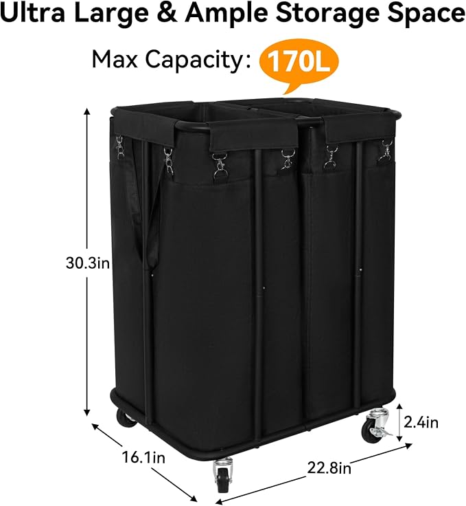 WOWLIVE Double Laundry Hamper with Wheels 170L Rolling Laundry Basket Organizer Laundry Cart with Steel Frame and Removable Bags Large Dirty Clothes Hamper Dorm Room Storage for Bedroom (Black) - Image 4