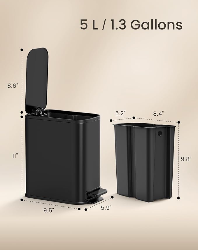 Cesun Small Bathroom Trash Can with Lid Soft Close, Step Pedal, 5 Liter / 1.3 Gallon Stainless Steel Garbage Can with Removable Inner Bucket, Waste Basket for Bathroom, Bedroom (Matte Black) - Image 9