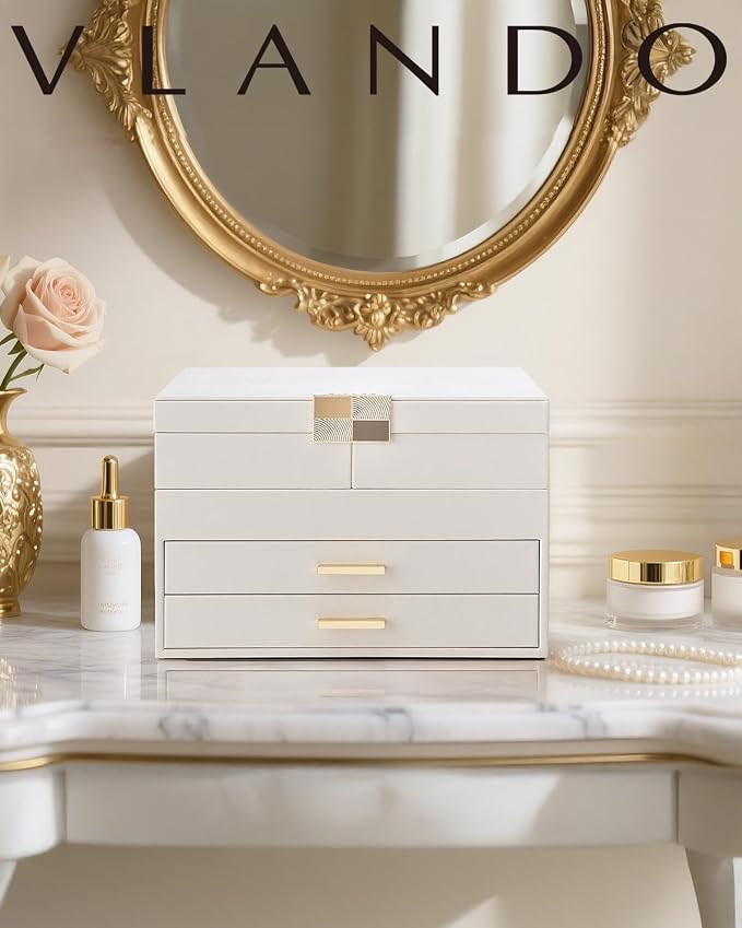 VLANDO 4 Layers Jewelry Box - Women Jewelry Box with Retractable Tray - Jewelry Organizer with Drawer for Necklaces, Rings, Bracelets, Earrings, Valentines Gift for Mom Girls - Cloud White - Image 7