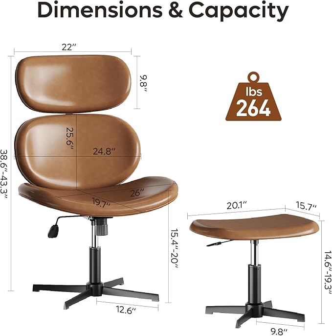 Bestier Swivel Modern Chair with Ottoman No Wheels, PU Criss Cross Reading Chair with Extended Headrest & Adjustable Seat, Modern Armless Ergonomic Chair for Living Room, Brown