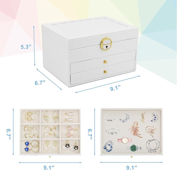 KOOAAICCHI Jewelry Box for Women, 3-Layer Jewelry Organizer, Jewelry Storage Case PU Leather for Earrings, Bracelets, Ring, Necklaces-White - Image 5