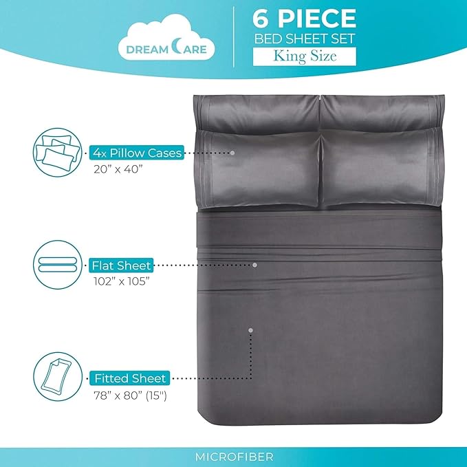 DREAMCARE Queen Sheet Set - 6 pcs Breathable Cooling Bed Sheets - up to 15" Deep Pocket Queen Sheets Set with Side Pockets - Extra Soft 100% Brushed Hypoallergenic Hotel Luxury Bedding - Gray