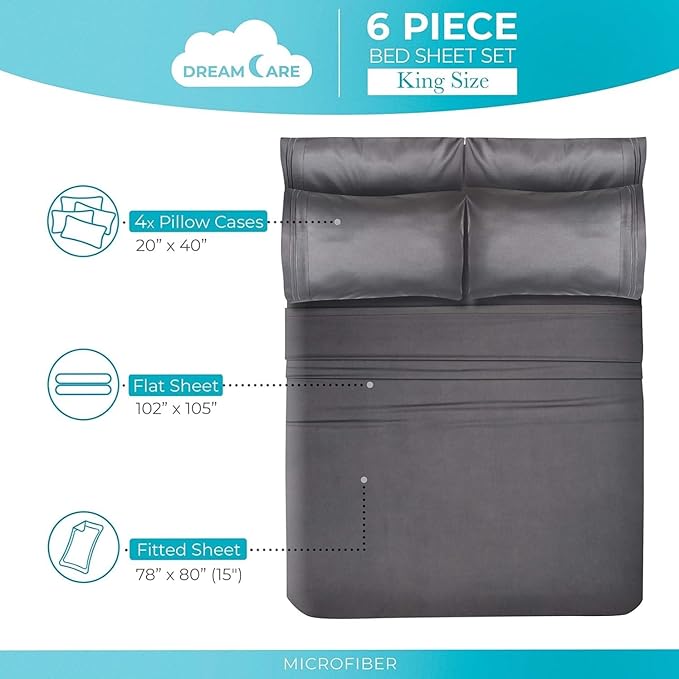 DREAMCARE Full Size Sheets - 6 pcs Breathable Cooling Bed Sheets - up to 15" Deep Pocket Full Size Bed Sheets wth Side Pockets - Extra Soft 100% Brushed Hypoallergenic Hotel Luxury Bedding - Gray