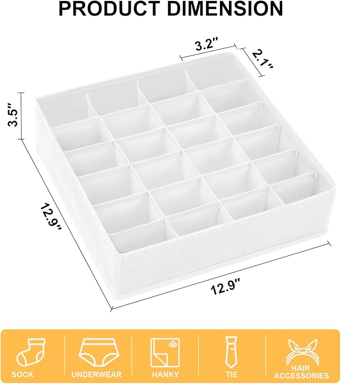 Sock Organizer 4 Pack, 24 Cell Foldable Underwear & Sock Storage, Drawer Organizer for Ties, Belts. (White) - Image 2