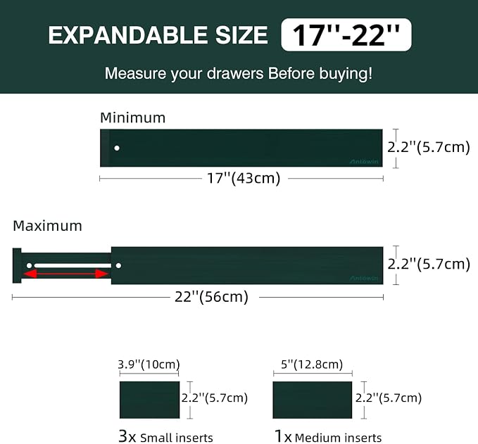 ANTOWIN Expandable Bamboo Drawer Dividers Organizers, Drawer Separators Splitter,17-22 inches Long Adjustable Spring-loaded Organizer for Large Utensil, Clothes, Tools(Dark Green) - Image 4