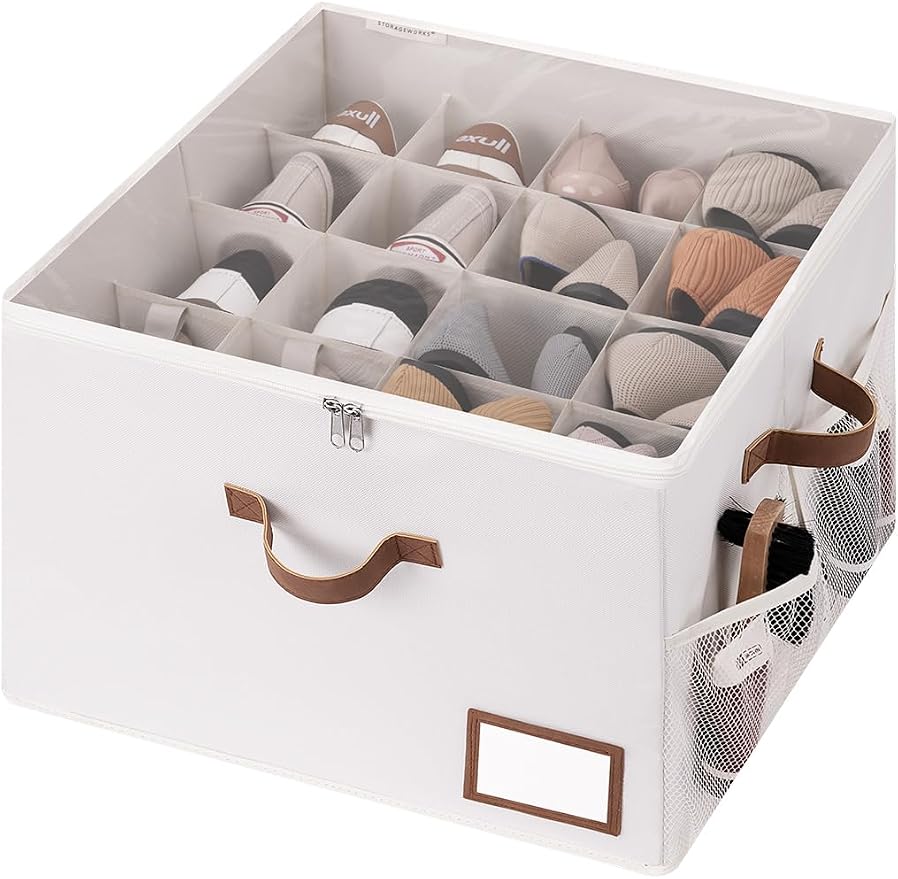 StorageWorks Shoe Organizer for Closet, Shoe Storage Bins with Clear Lid, Fabric Shoe Boxes with Side Mesh Pockets, Closet and Storage Bins for Slippers and Flats, Holds Up to 16 Pairs, Beige by StorageWorks