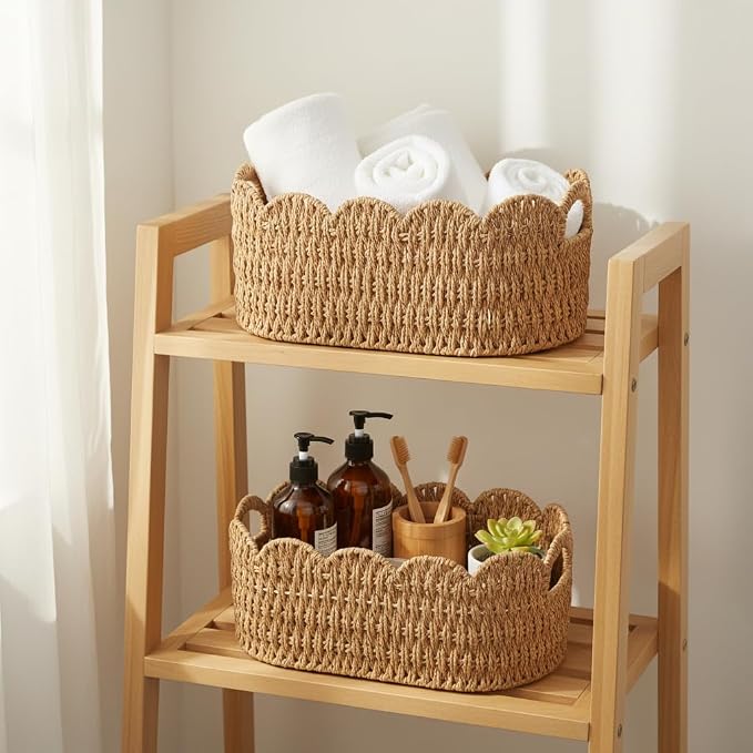 Coeusy Paper Rope Scalloped Basket Set of 2,Woven Storage Baskets for Shelves,Laundry,Towels,Clothes,Books,Toys,Cute Decor Baskets for Organizing,Natural Color - Image 3