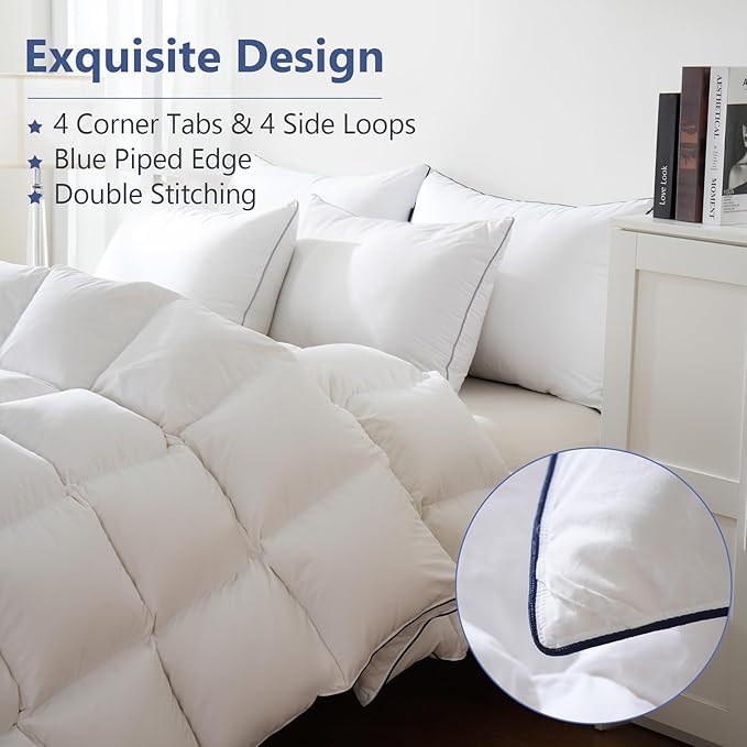 DOWNCOOL Oversized King Feather Down Fiber Comforter, 100% Cotton Cover Ultra Soft Fluffy Duvet Insert, All Season Luxurious Hotel Bedding Comforters with Corner Tabs, White 116"x98"