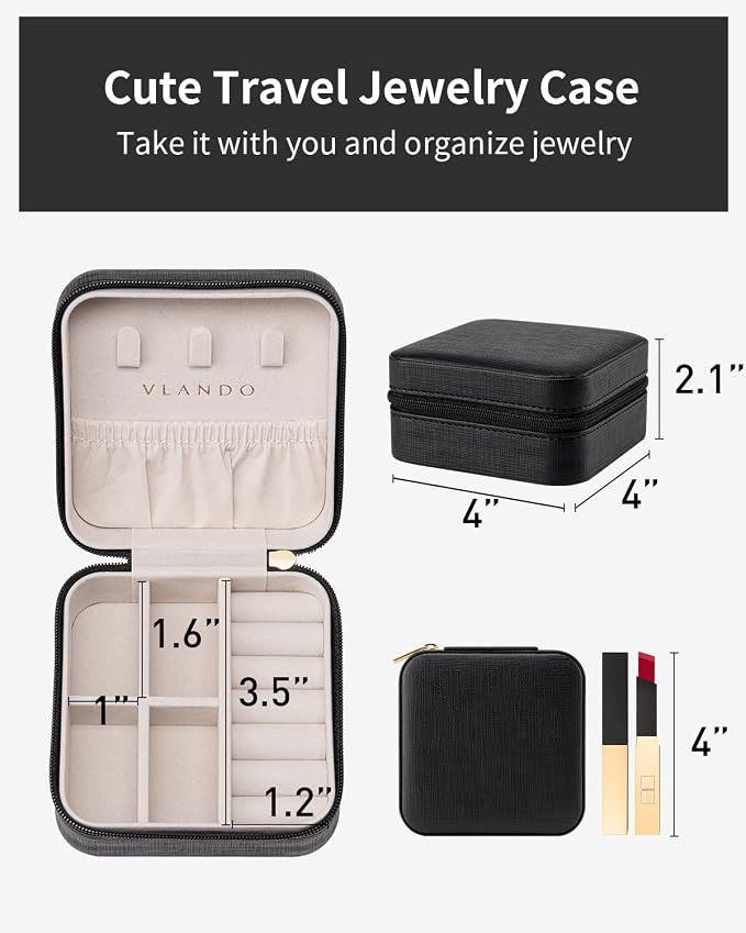 VLANDO Travel Jewelry Box, Small Jewelry Travel Organizer Case for Girls Women - Black - Image 5