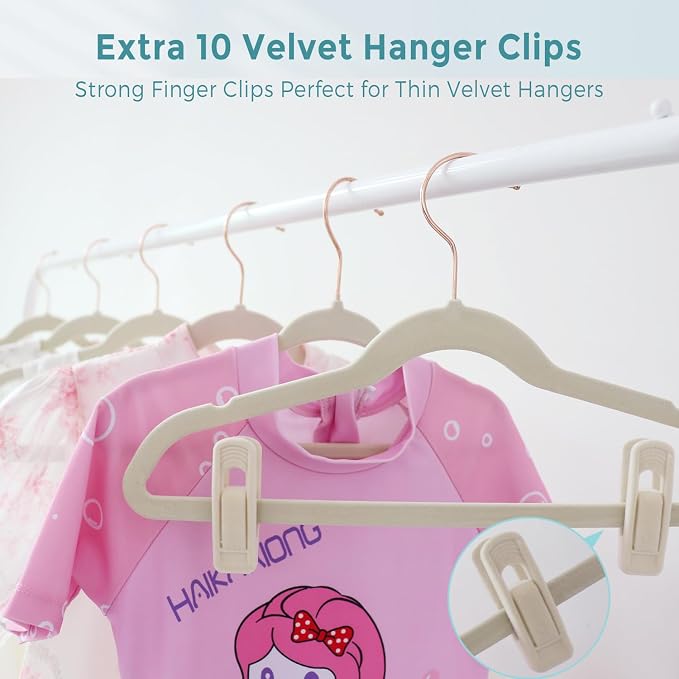 Tonswachic 50-Pack 11 Inch Baby Closet Hangers with 10 Clips - Soft Velvet Non-Slip Hangers for Infant & Toddler Clothes (Beige) - Image 7