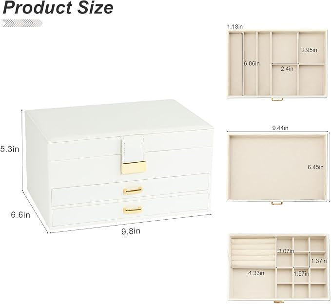 Jewelry Organizer Box for Women Girls, 3-Layer Jewelry Case with 2 Drawers Jewelry Storage Box for Ring Earrings Bracelets Necklaces(White) - Image 6