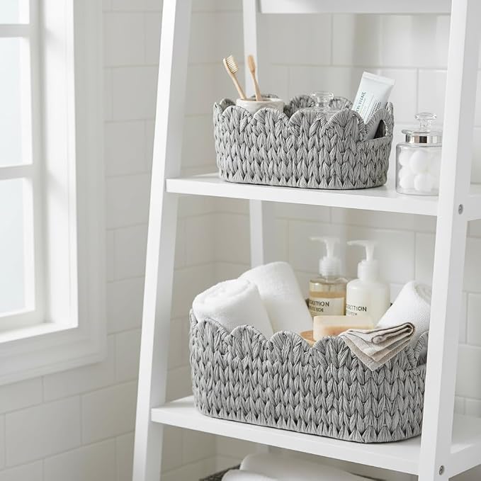 Coeusy Wicker Scalloped Basket Set of 2,Woven Storage Baskets for Shelves,Closet,Laundry,Gift,Towels,Books,Toys,Waterproof Cute Decor Basket for Organizing,Grey - Image 2