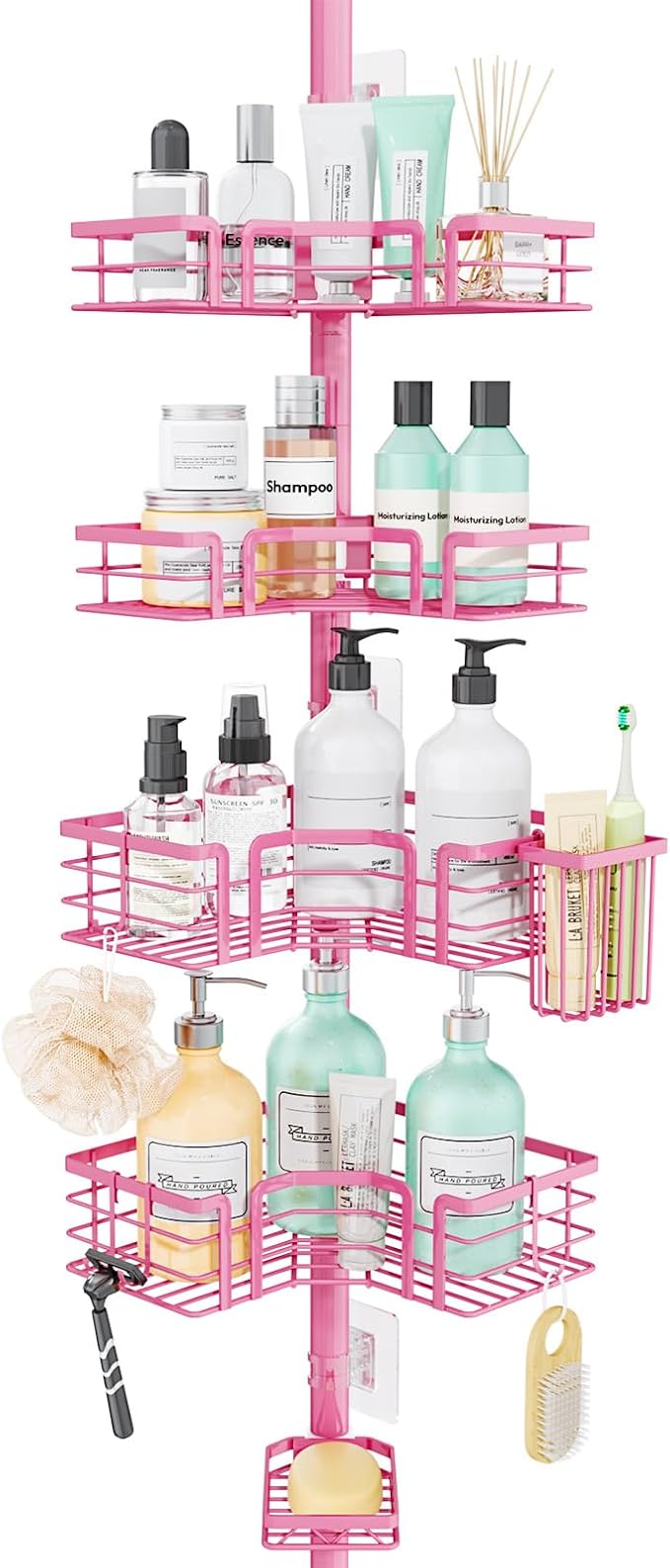 SWTYMIKI Shower Caddy Tension Pole - 4-Tier Corner Shower Organizer Tension Rod with Soap Holder, Toothbrush Holder & 4 Hooks, Adjustable Stainless Steel Bathroom Organizer 27.6 to 108.3 inch, Pink by SwtyMiki-TidyHomeSweetLife