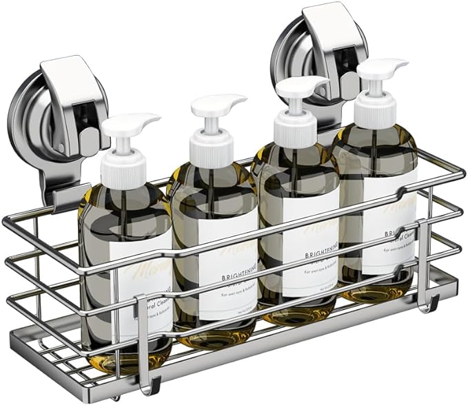 TESOT Suction Cup Shower Caddy, Shower Shelf Soap Dish with Hooks for Razor, Sponge, Rust Proof 304 Stainless Steel, Silver - Image 3