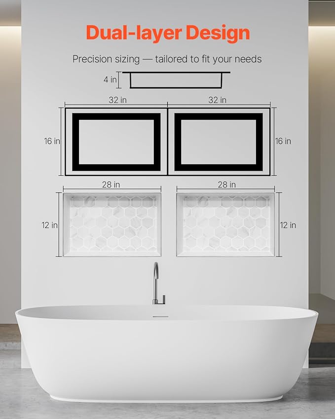 VEVOR Shower Niche, 16 x 32 inch + 16 x 32 inch Recessed Wall Niche with Movable Shelf, 4 inch Thick Modern Soap&Shampoo Storage Organizer,Square Corners,Sealed Waterproof,Black for Bathroom Shower - Image 8