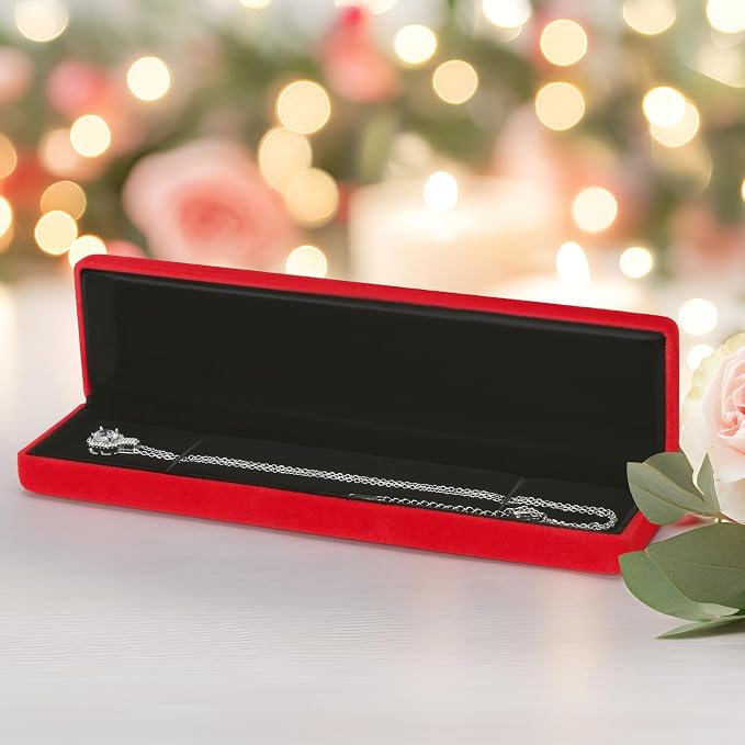 KUKUVR 2 Pieces Metal Velvet Necklace Bracelet Gift Box, Soft Lining Bracelet Pendant Long Chain Organizer Holder Display Case for Wedding Engagement Birthday Anniversary (Red) - Image 7