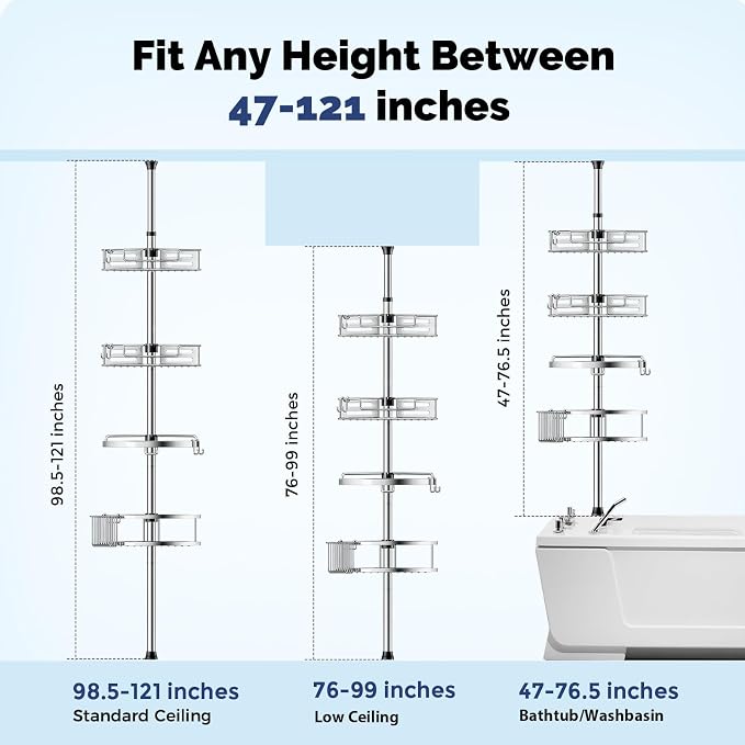 HAMITOR Corner Shower Caddy Tension Pole: Quick Installation 4-Tier Rustproof Bathroom Organizer Shelves for Bathtub Shampoo Storage - 47-121 inch Adjustable Floor Standing Bath Rack Holder - Silver - Image 2