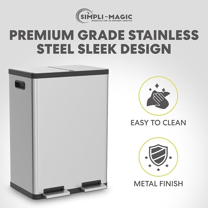 Simpli-Magic 16 Gallon (60L) Step Trash Can – Dual Compartment Kitchen Garbage Can with Waste & Recycling Bins – Slow-Close Lid, Odor Control, Hands-Free, Inner Bases, Premium Stainless Steel - Image 8