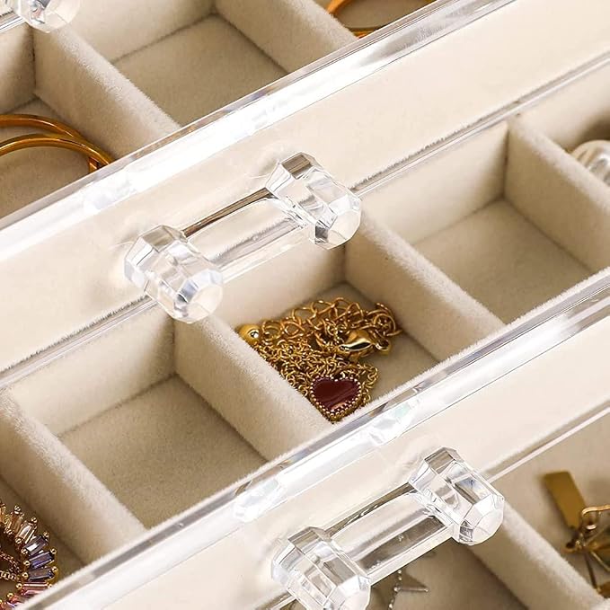 YUFONG Earring Organizer Box Acrylic Jewelry Organizer with 3 Drawers 54 Adjustable Grids Clear Stackable Earring Holder Velvet Trays Ring Display Case for Women Girls (Beige) - Image 2