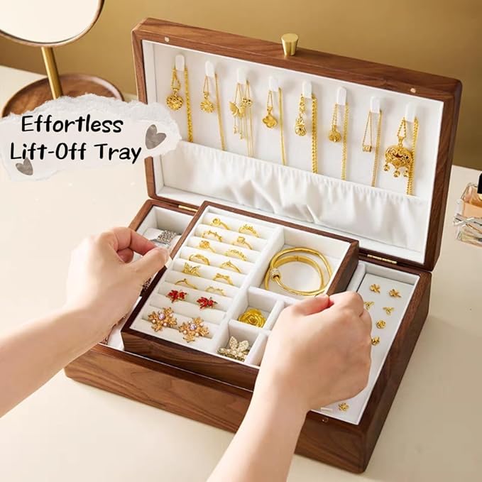 Bescott 2 Layer Solid Black Walnut Wooden Jewelry Box for Women Wood Vintage Organizer for Men Earrings Rings Necklaces Bracelet Watch Storage - Image 3
